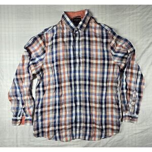 Black & Brown 1826 Men's 100% Linen Shirt Long Sleeve Plaid Roll Tab Sleeves XL